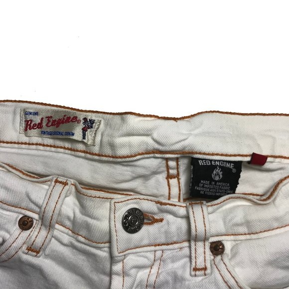 Red Engine Cutoff Distressed Shorts Denim Shorties - Picture 2 of 3